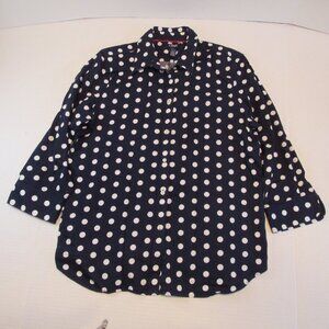 Chaps 3/4 Sleeve Collared Button Up Blue and White Polka Dot Shirt Size XL
